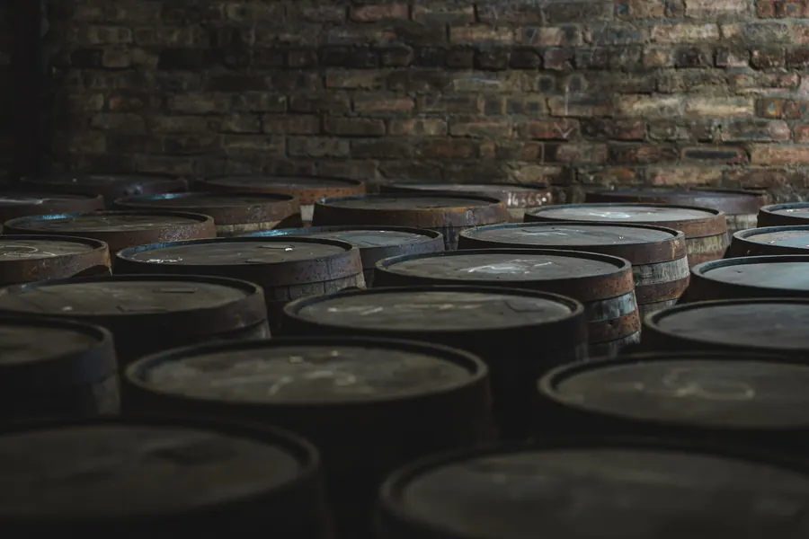 Internal charring — cask on rack, Dair Nua Cooperage